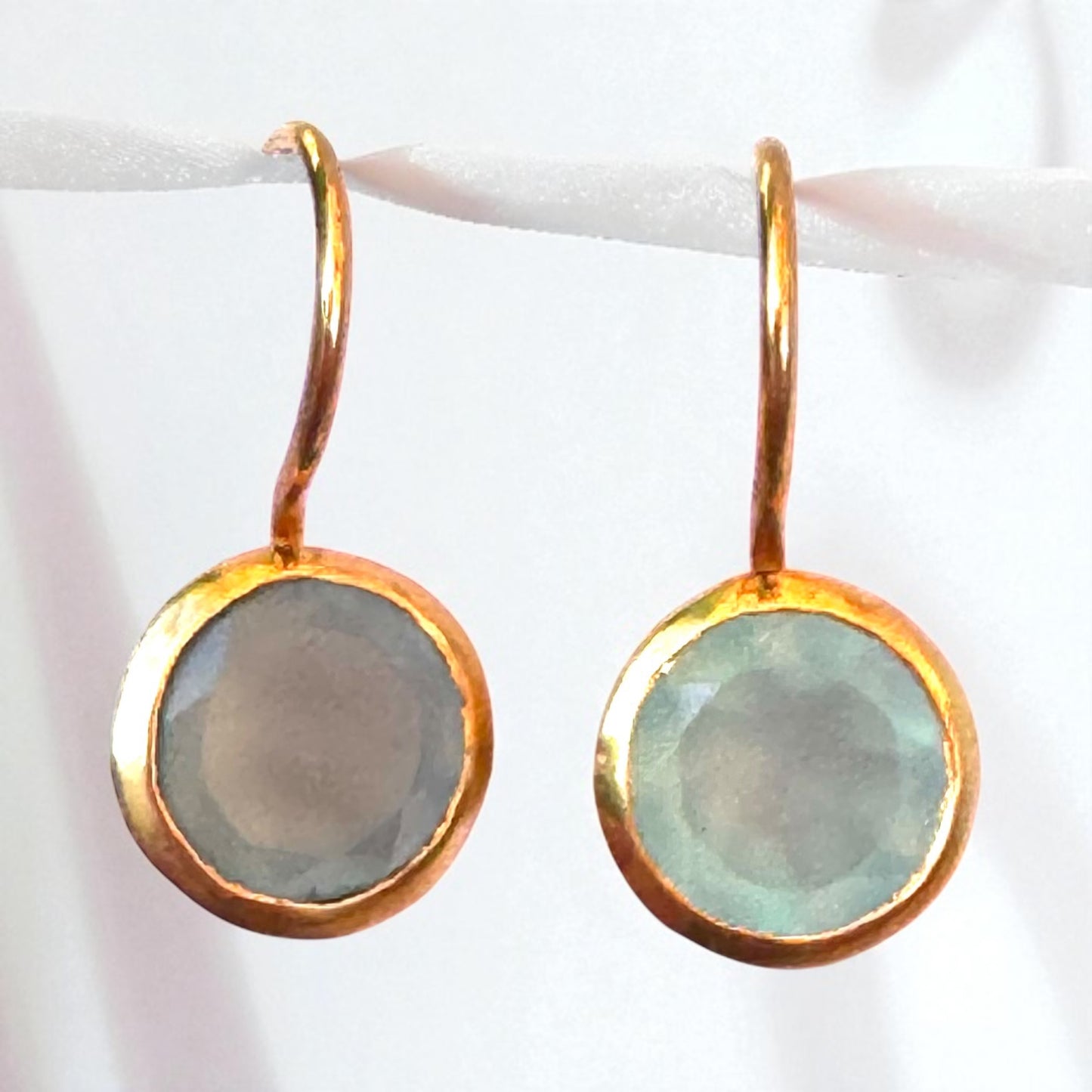 Dainty Bezel Set Aqua Chalcedony Drop Earrings