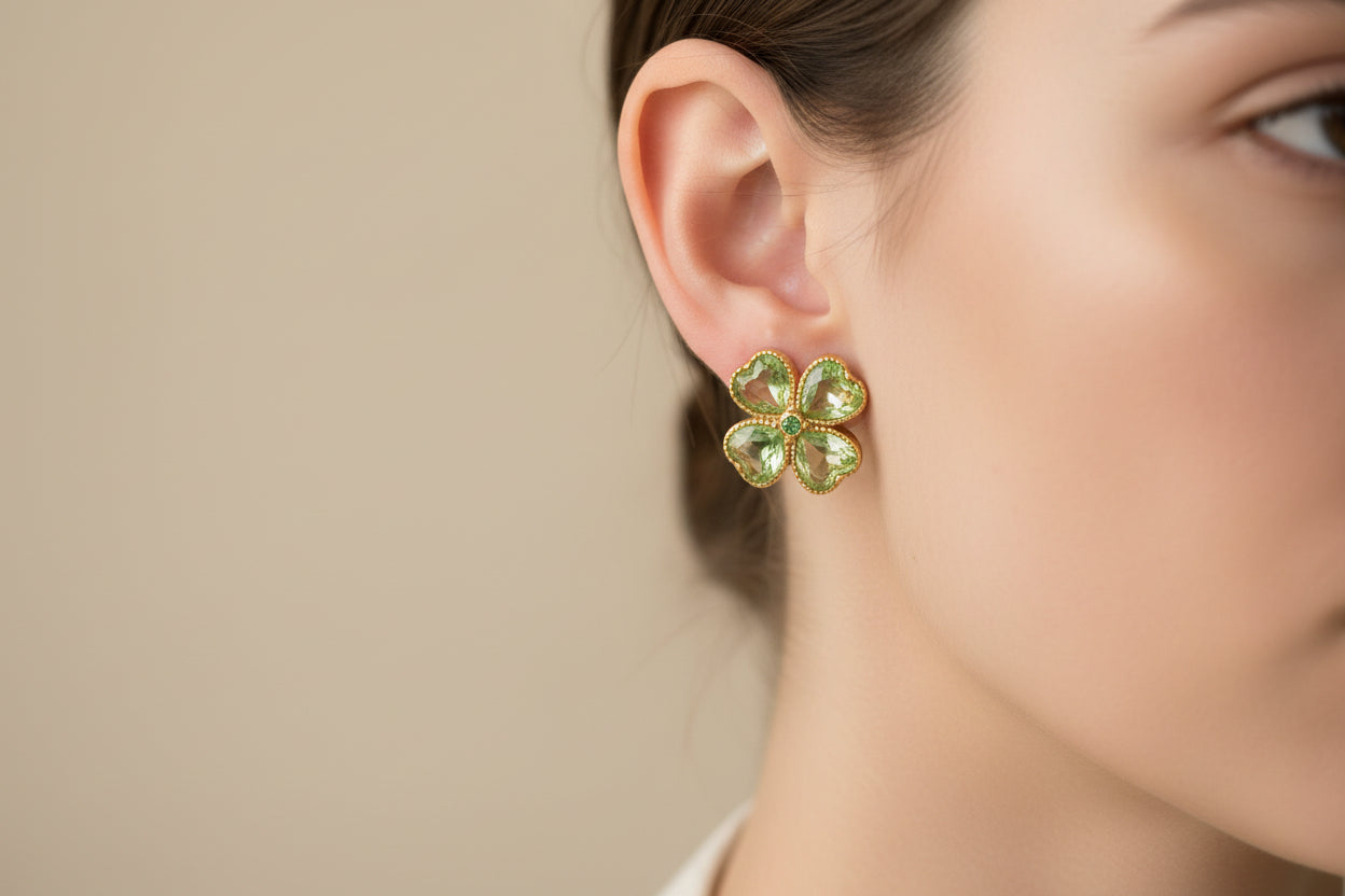 Irish Clover Green Crystal Stud Earrings