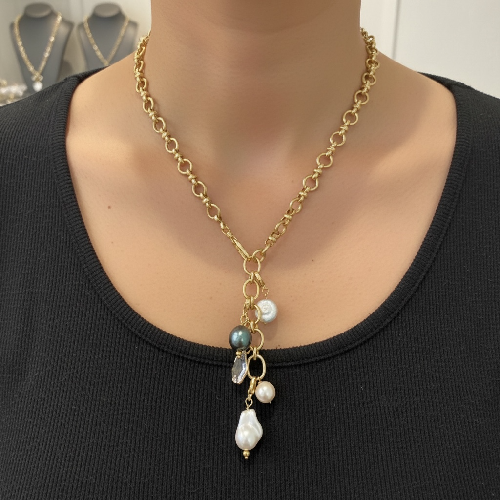 Yellow Gold Vermeil Circle Chain Necklace with a Chain Drop and Four Removable Pearl Charms