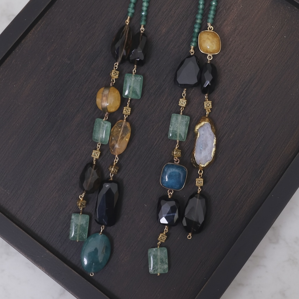 Blue ChalcedonyDouble Line Lariat with Black Onyx, Smokey Topaz, Citrine, Green Jade, Pearl & Cubic Zirconium Ball