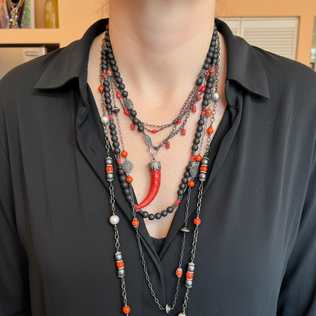 Onyx, Red Coral, Oxidized Silver Beads, Red Leather Horn Pendant Necklace