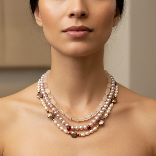 White Pearl, Brown Coin Pearl & Garnet Necklace