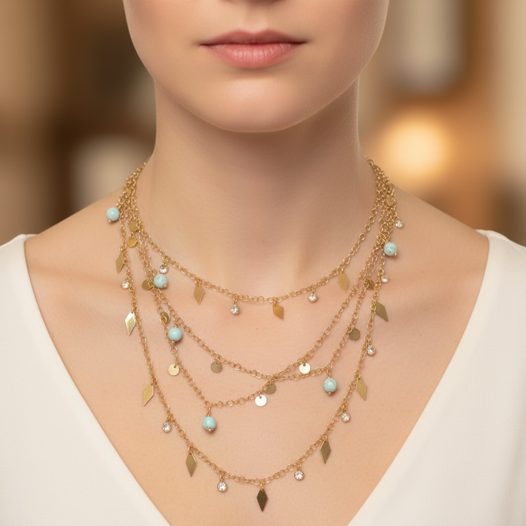 Yellow Gold Vermeil Chain, Cubic Zirconium and Yellow Gold Vermeil Drops Necklace
