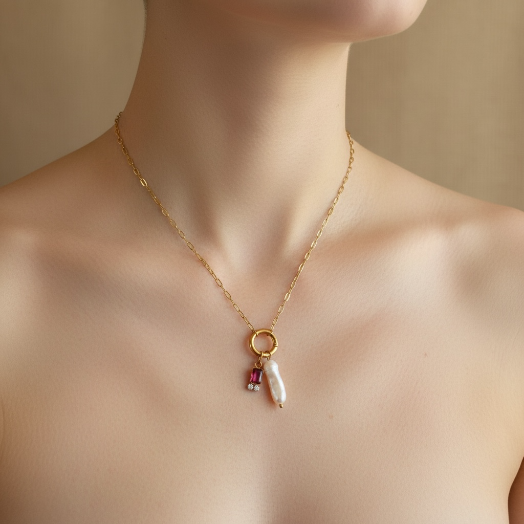 Dainty Chain Pearl & Red Chalcedony Charm