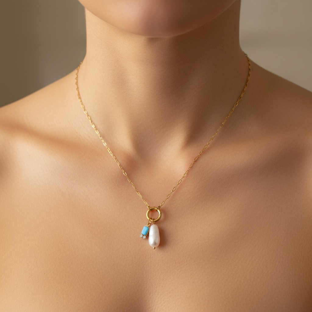 Dainty Chain Pearl & Turquoise Charm