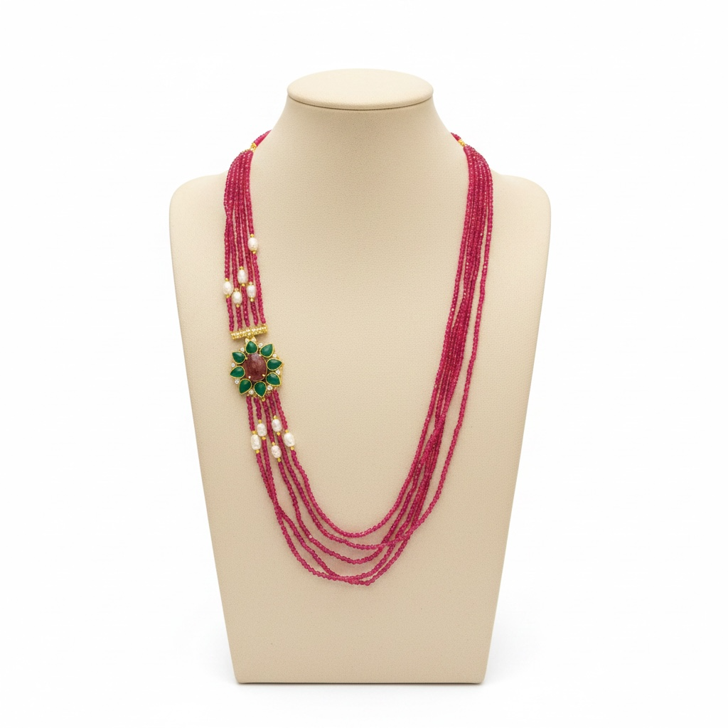 Red Crystal, Green, Red Jade & Pearl Clasp, Multi Row Necklace