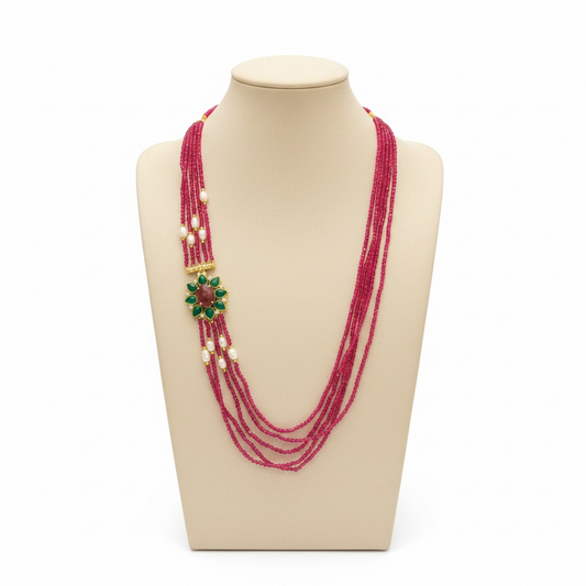 Red Crystal, Green, Red Jade & Pearl Clasp, Multi Row Necklace