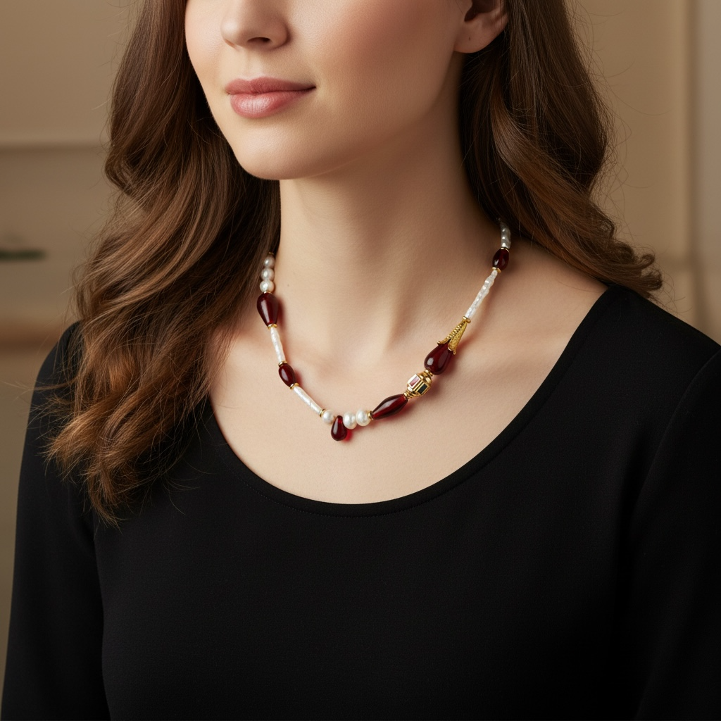 Pearl, Antique Red Glass Bead Necklace