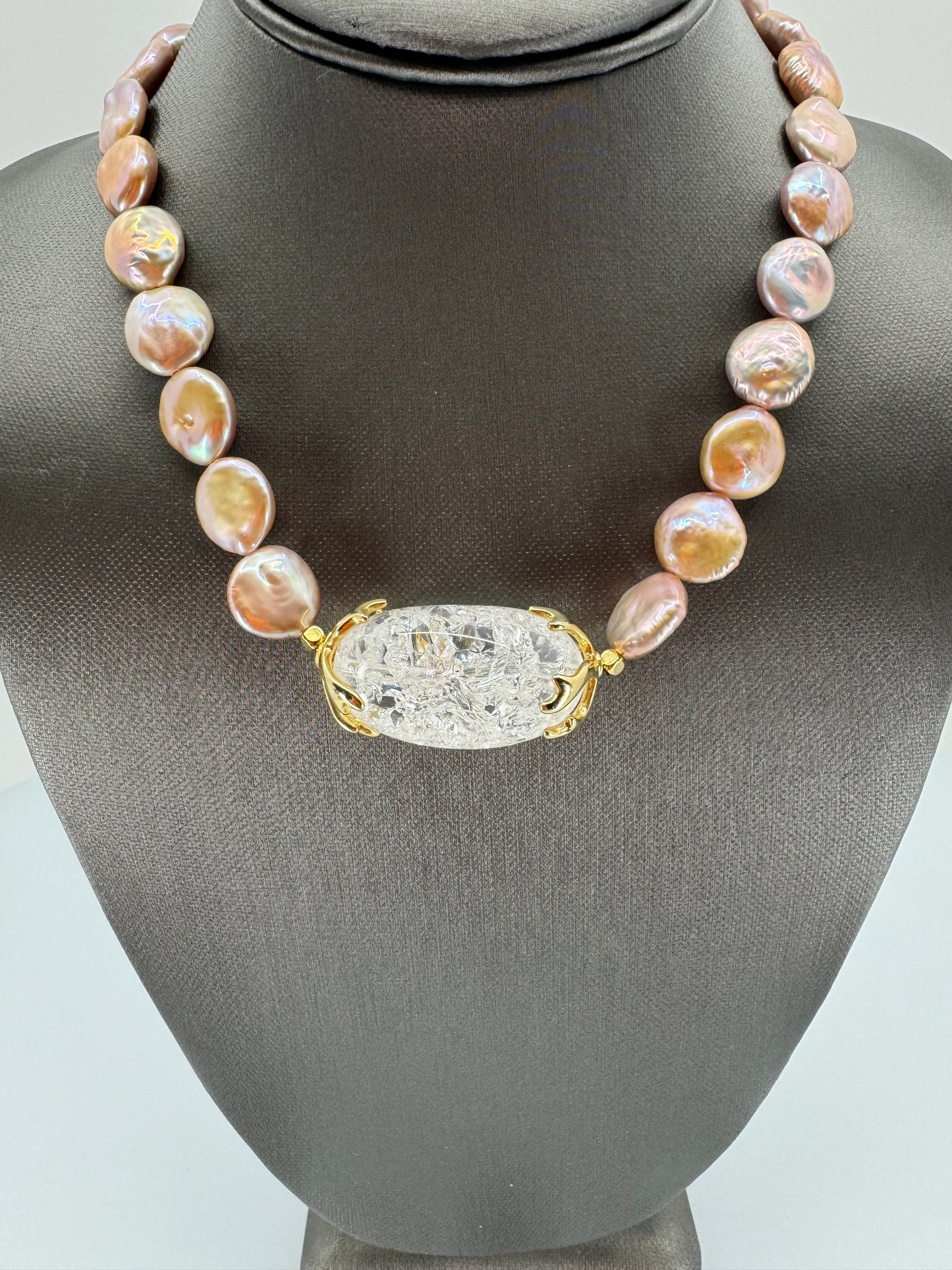 Pink Coin Pearl & Large Milky White Crystal Necklace