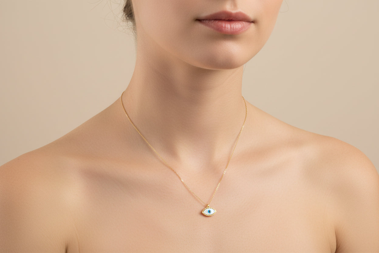 Yellow Gold Vermeil Double Sided Dainty Mother of Pearl Evil Eye Necklace