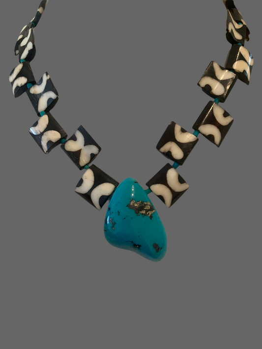 Wood Necklace and a Large Turquoise Pendant