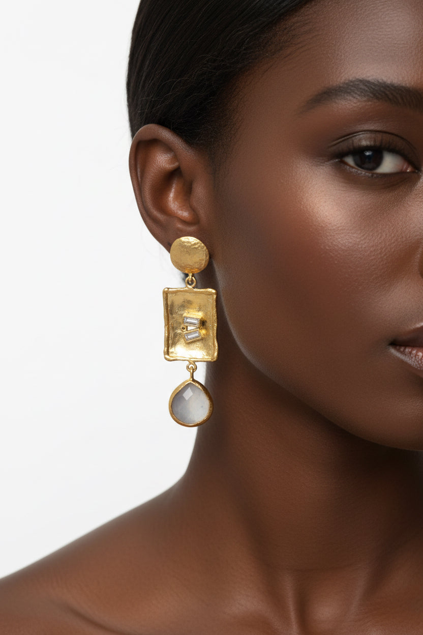 Gold & Moonstone Long Drop Earrings