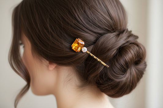 Orange Yellow Rectangular & White Round Rhinestone Clip