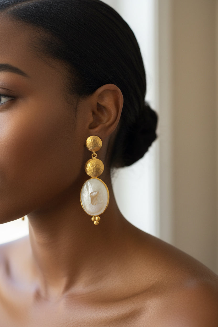 Gold Circle Top & Mother of Pearl Long Earrings
