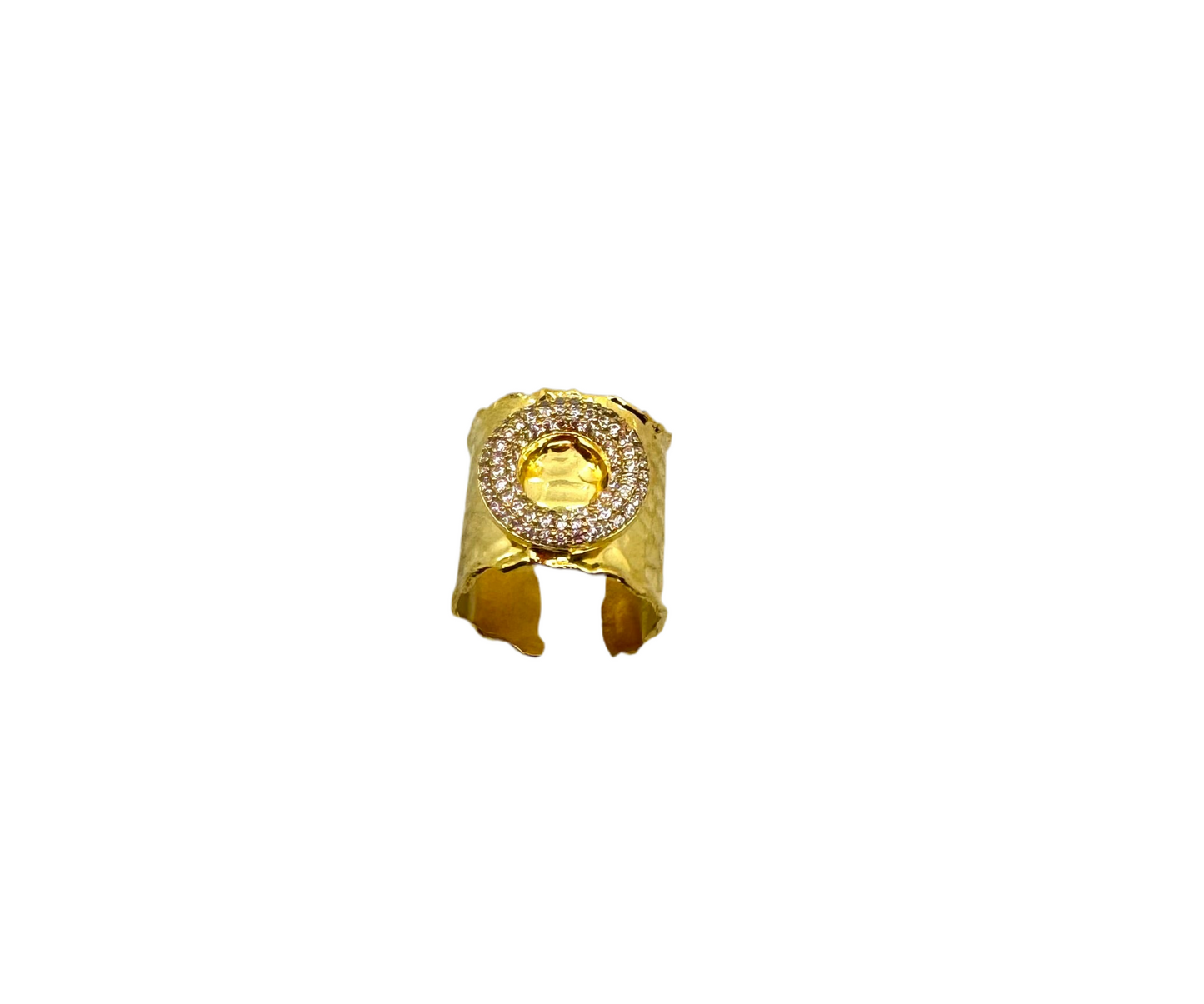 Hand Hammered Yellow Gold Band with Light Pink Cubic Zirconium