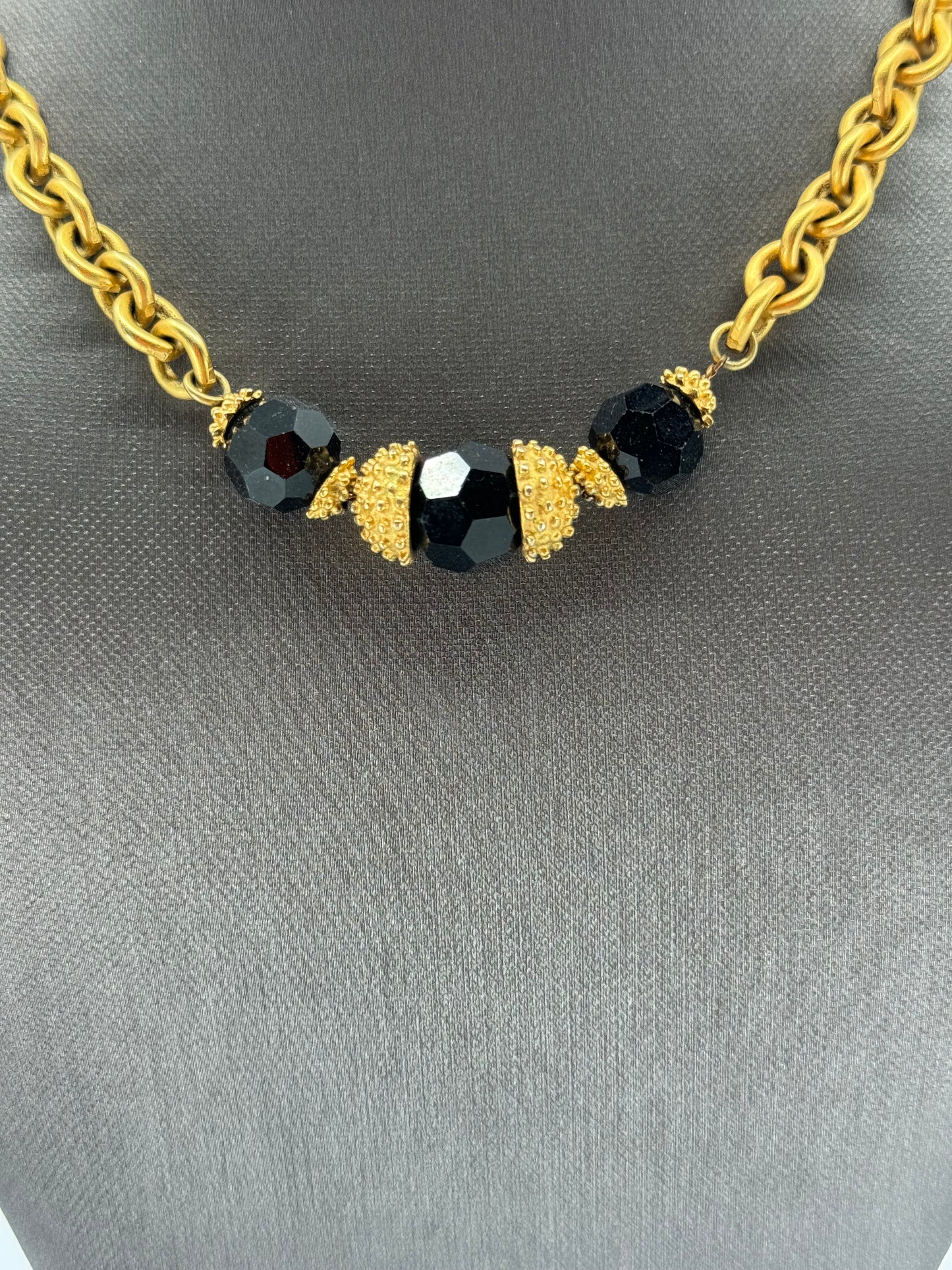 Yellow Gold  Chain & Black Faceted Crystal Necklace