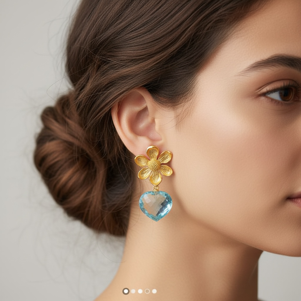 Aqua Blue Quartz Tear Drop Flower Top Earrings