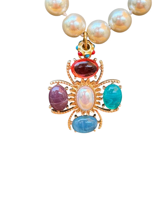 White Pearl Necklace & Etruscan Style Pendant With Stones