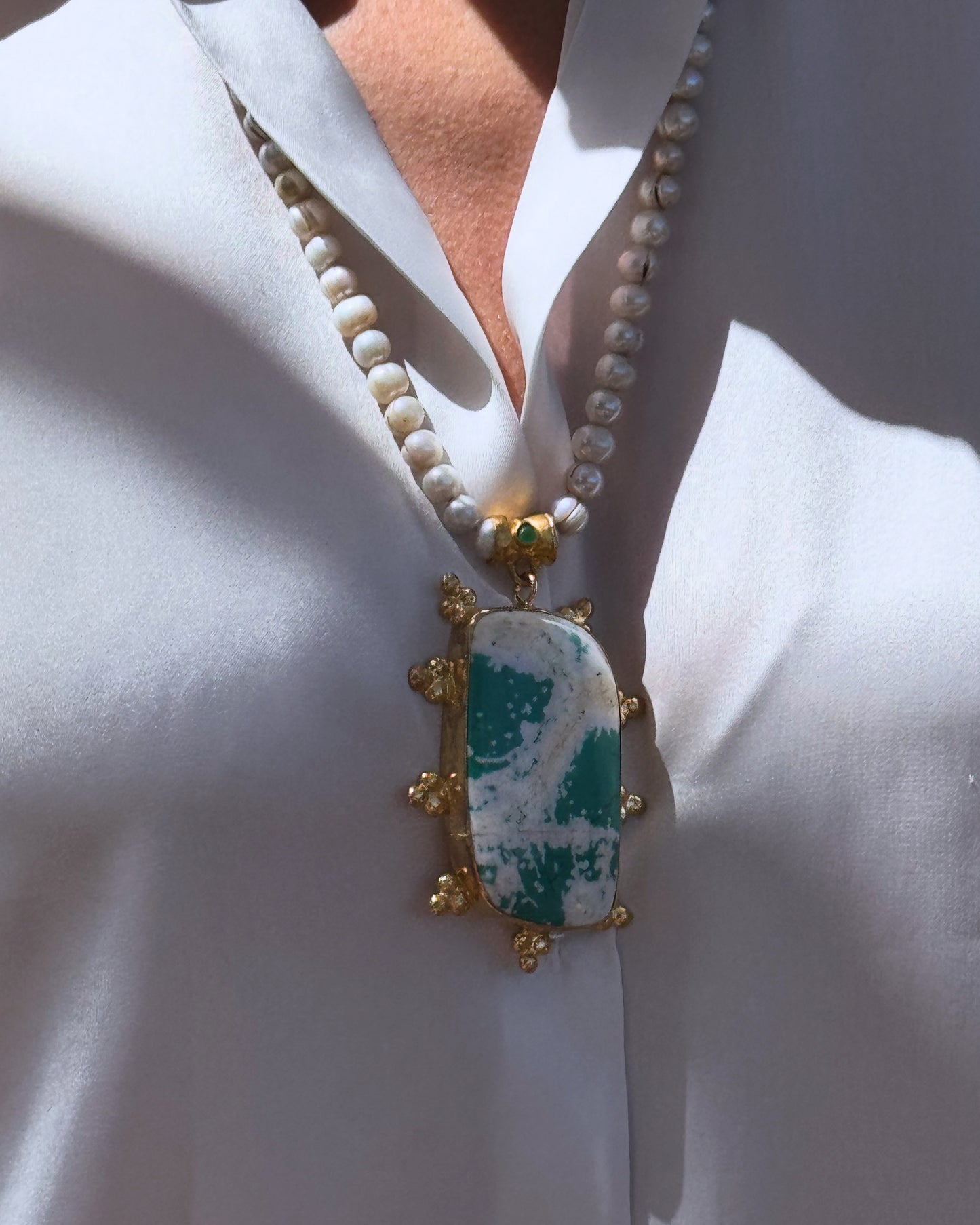 Long Pearl Necklace & Large White & Blue Agate Pendant
