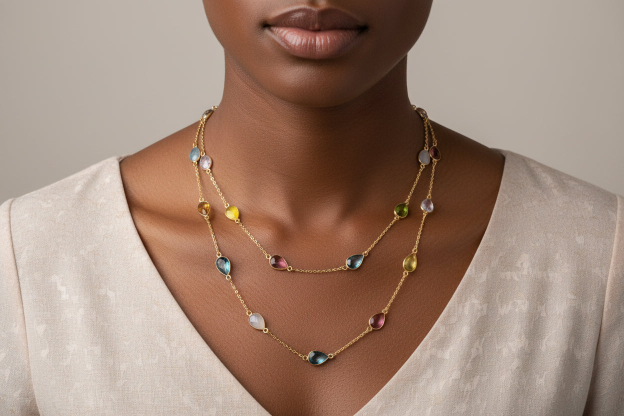 Multi Gemstone Sliced Cut Tear Shape Dainty Beaded Chain