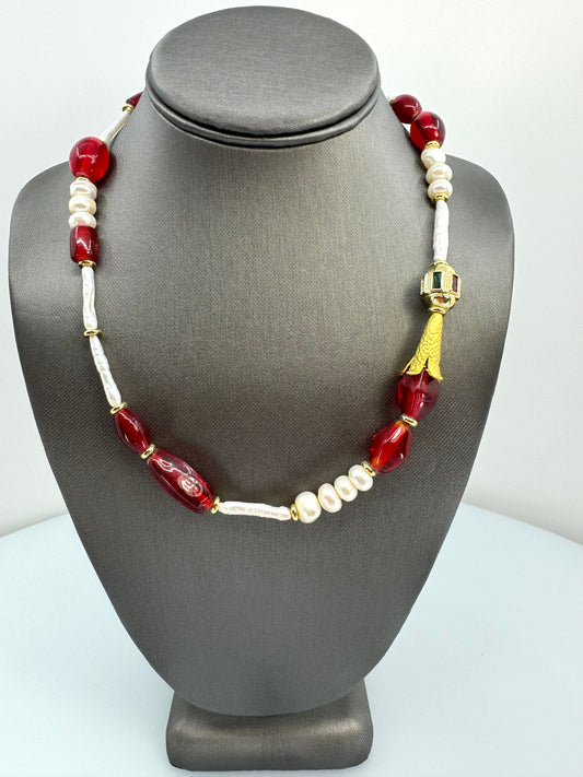 Pearl, Antique Red Glass Bead Necklace