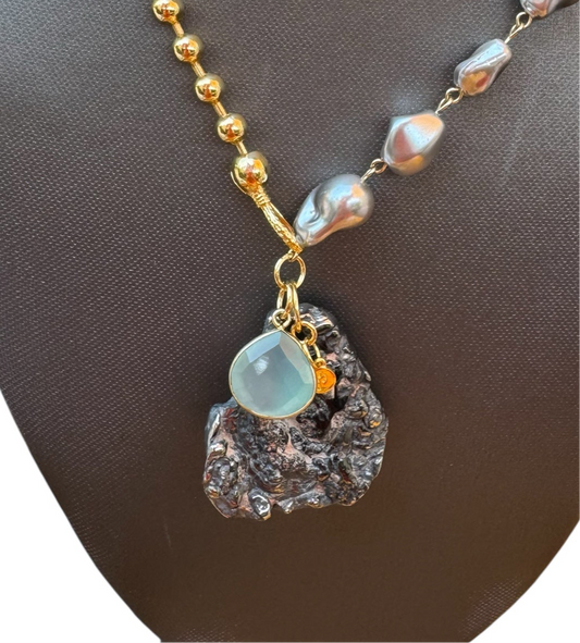 Beaded Chain Yellow Gold, Gray Pearl & Pyrite Pendant