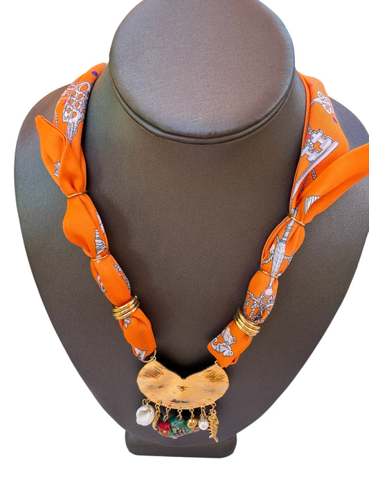 Orange Pattern Silk Blend Scarf Necklace & Pendant