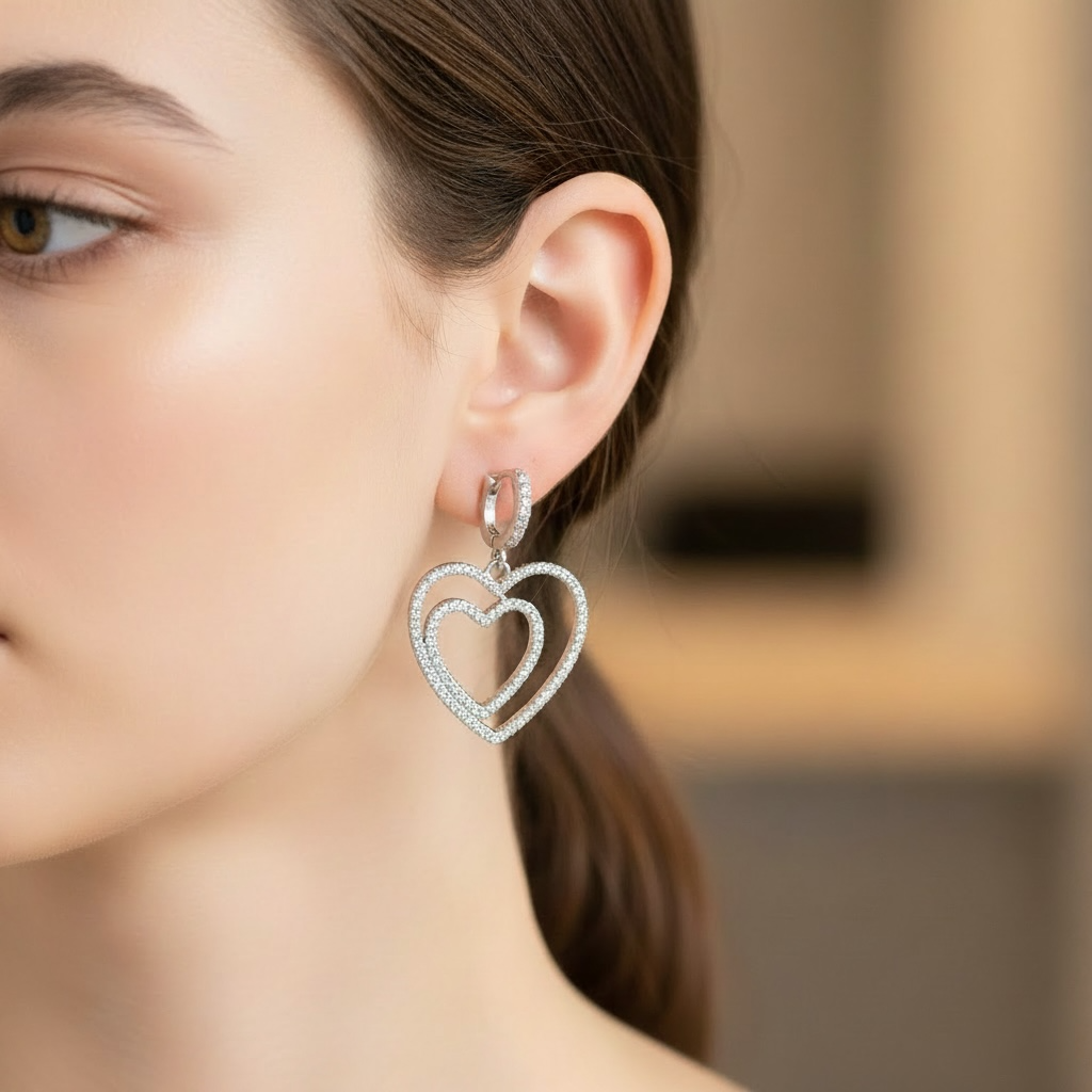 White Gold Double Heart Jacket Earrings