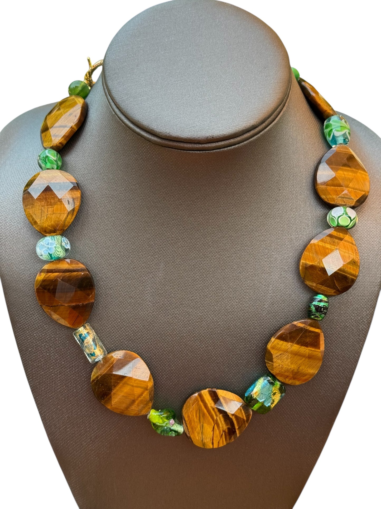 Large Tigger Eye Flat Bead & Antique Green Glass Necklace