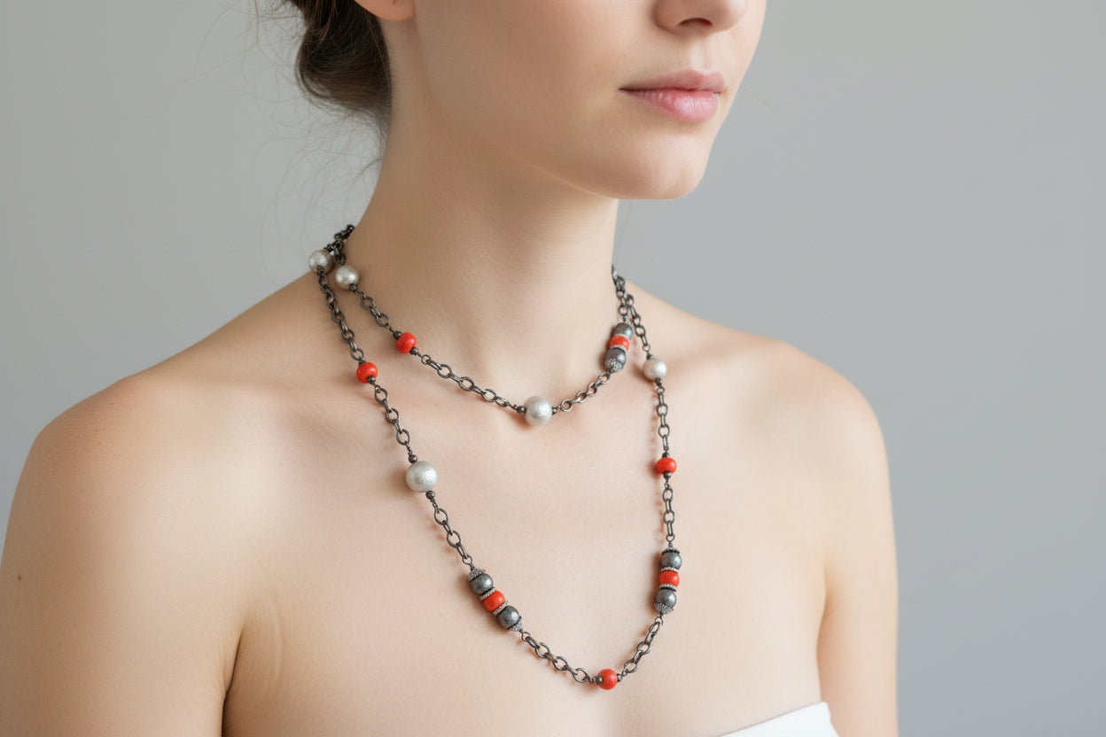 Oxidized Chain, Red Coral & Gray Pearl & Shell Pearl Long Necklace