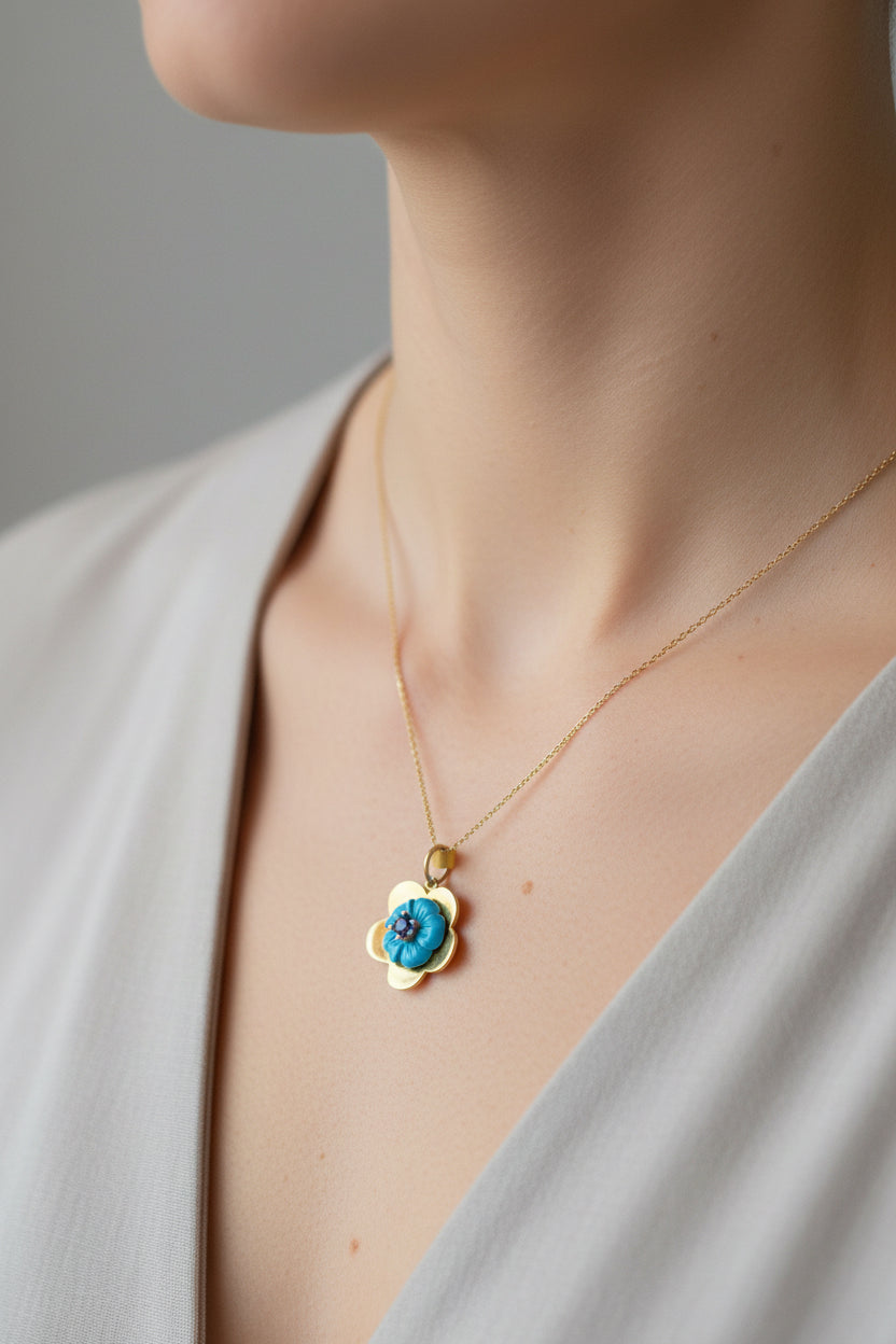 Carved Flower Turquoise Charm & Amethyst/ Chain Not Included