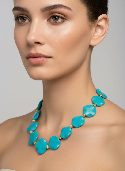 Large Flat Turquoise Bead & Golden Bead Necklace