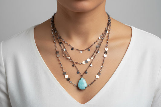 Oxidized  Chain & Larimar Tear Shape Pendant