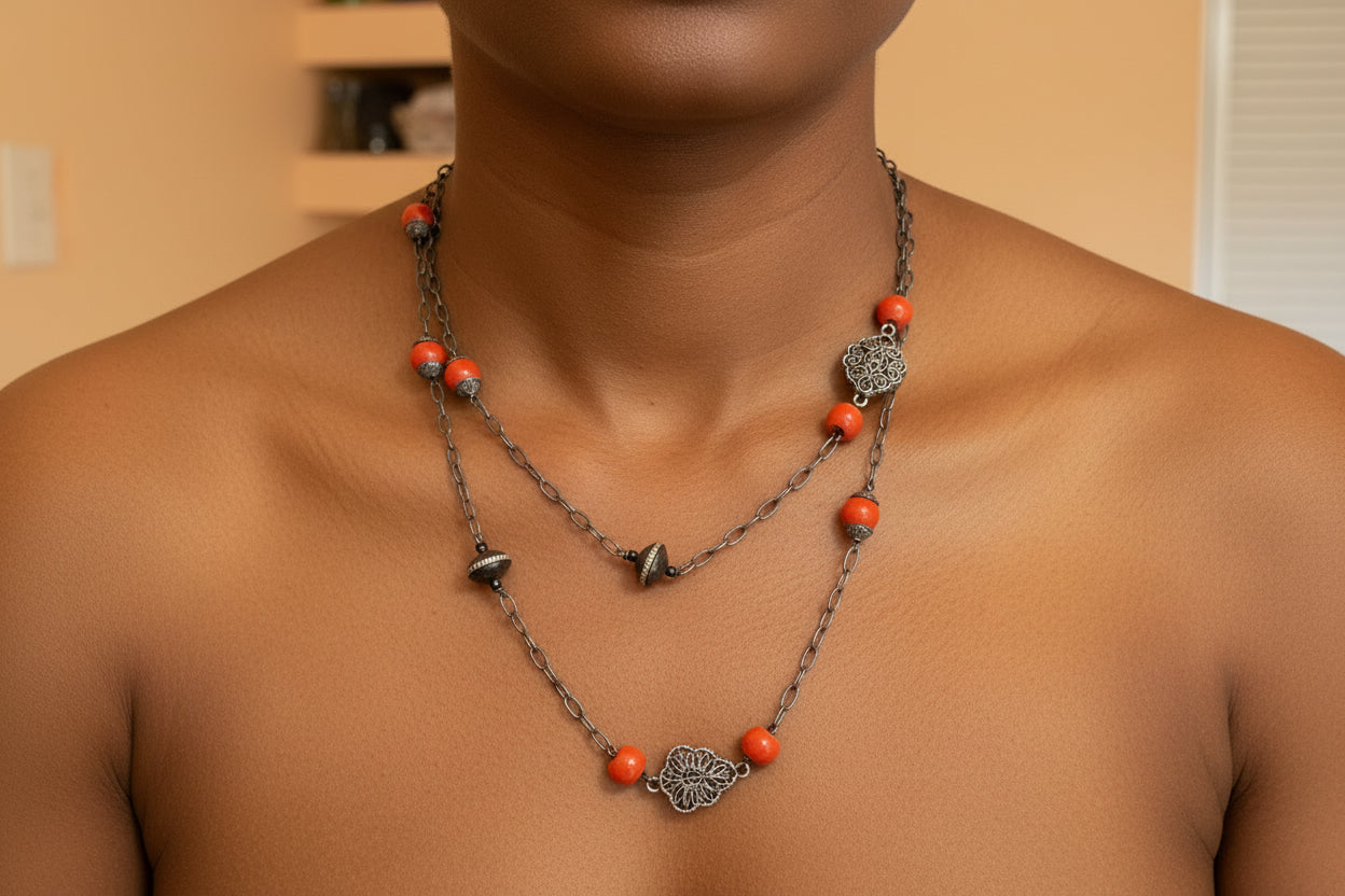 Oxidized Chain, Red Coral & Oxidized Silver Bead Long Necklace