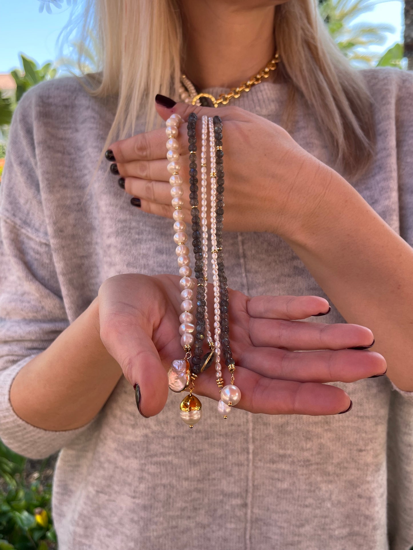 Gray & White Pearl & Labradorite Lariat