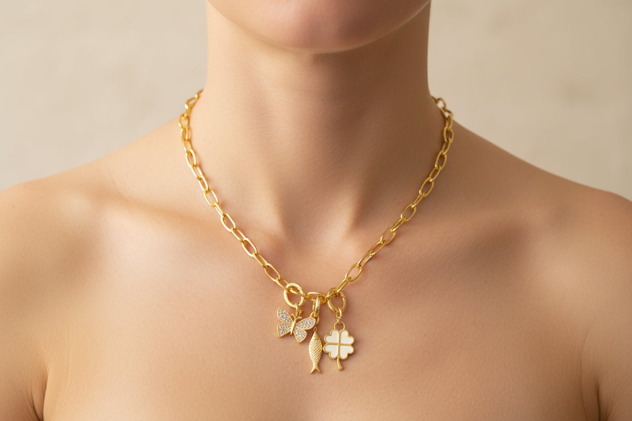 Gold Link Chain Necklace & Three Charms