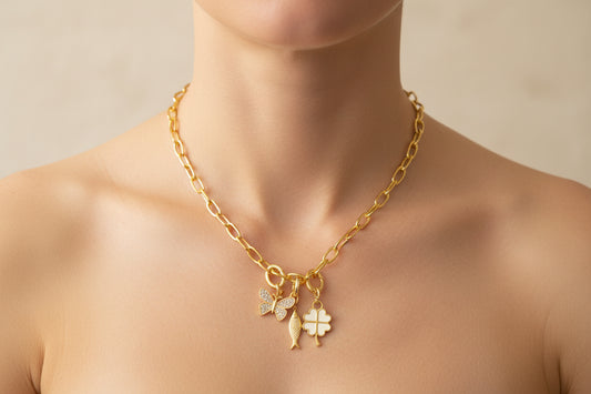 Gold Link Chain Necklace & Three Charms