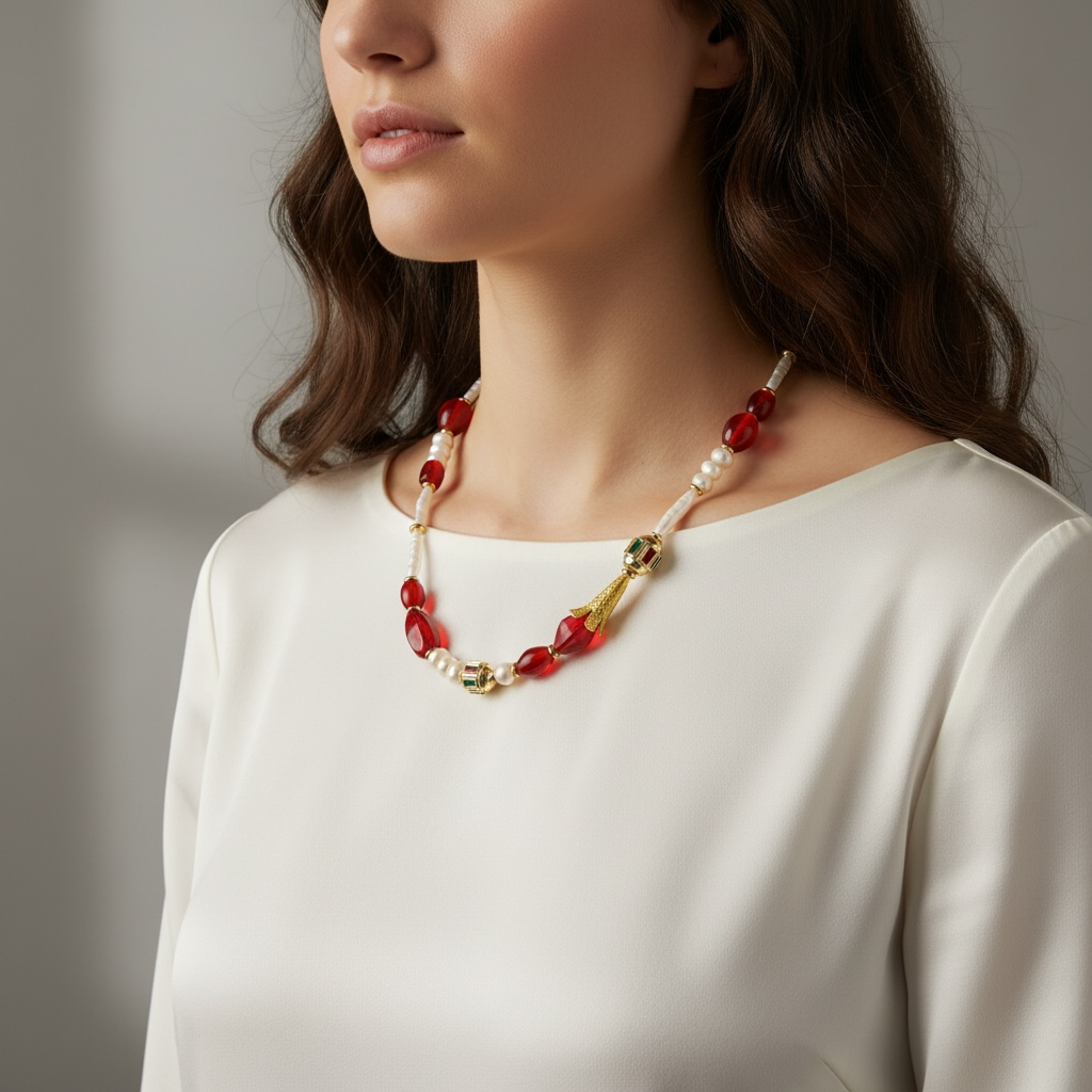 Pearl, Antique Red Glass Bead Necklace