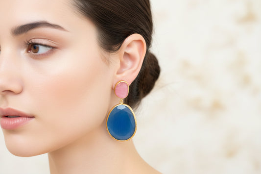 Large Tear Shape Light Pink & Blue Chalcedony Earrings