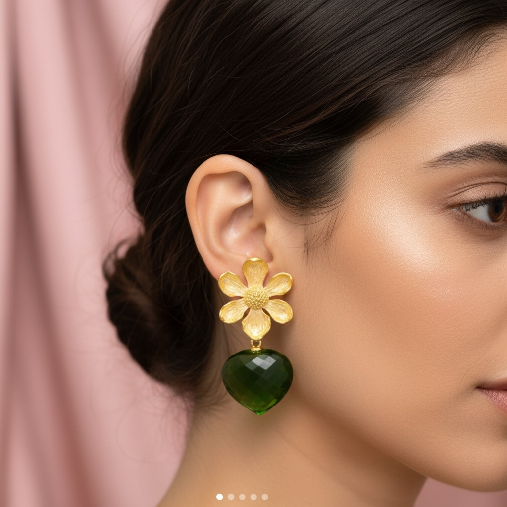 Green Quartz Tear Drop Flower Top Earrings