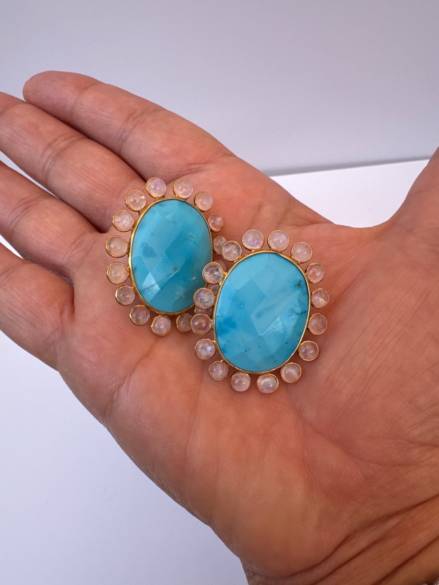 Large Oval Turquoise & Moonstone Earrings