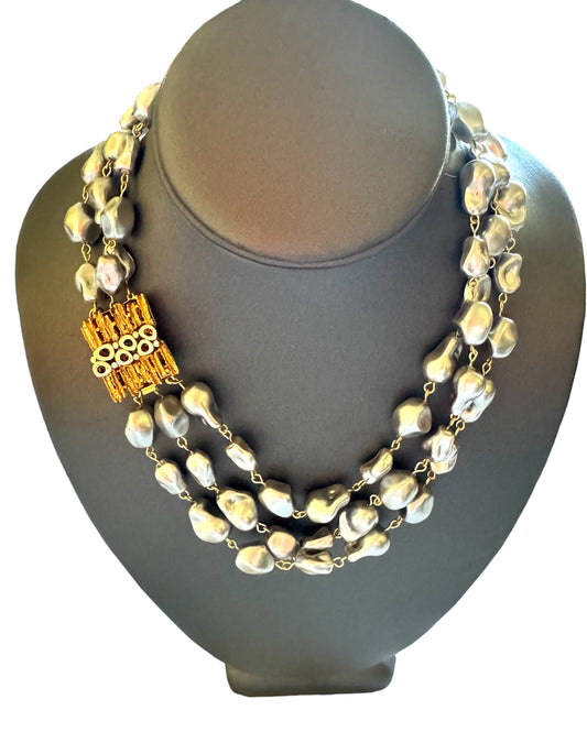 Three Row Gray Pearl Necklace