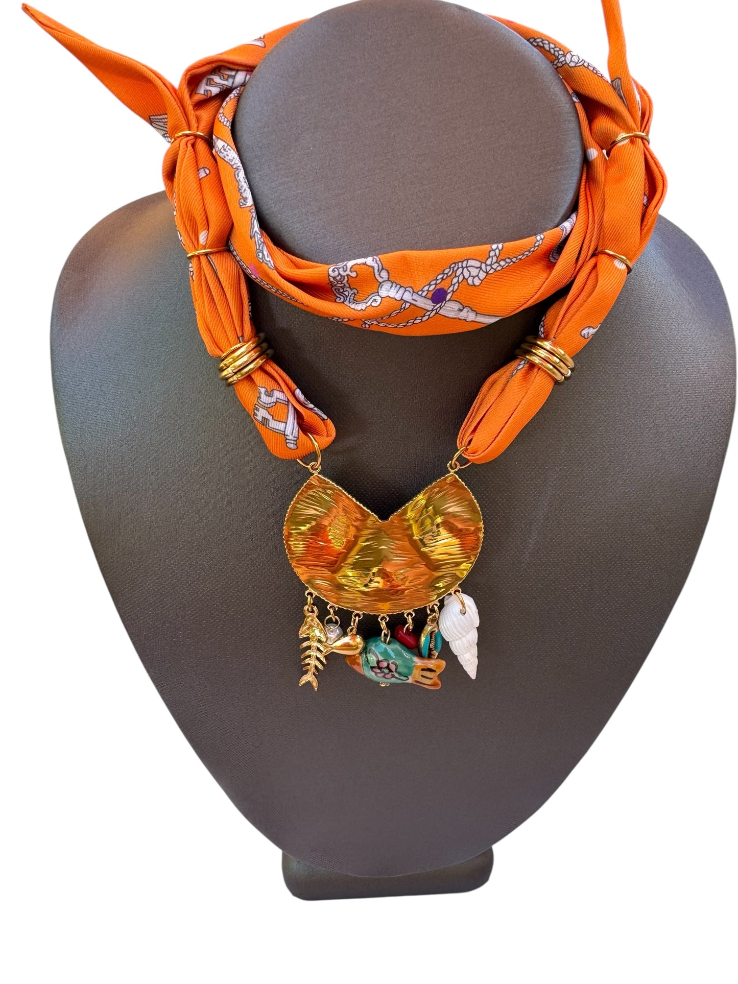 Orange Pattern Silk Blend Scarf Necklace & Pendant