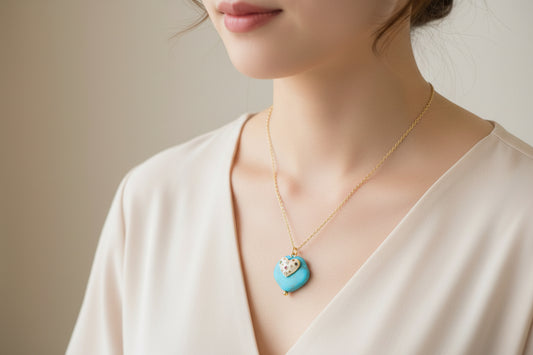 Round Turquoise & White Enamel Heart Charm/ Chain Not Included