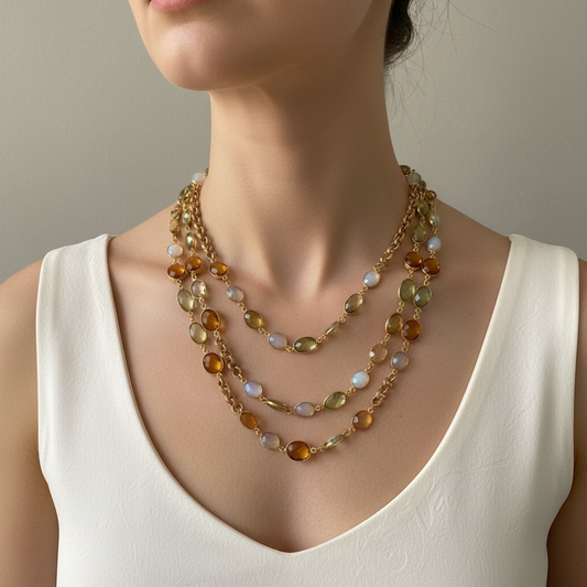 Bezel Set Smoky Quartz & Pink Opalite & Chain Long Necklace