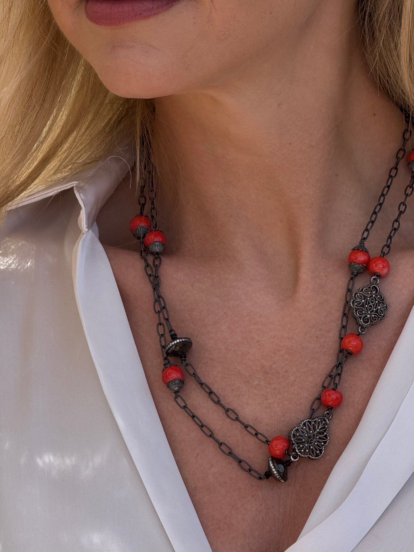 Oxidized Silver & Coral Long Necklace