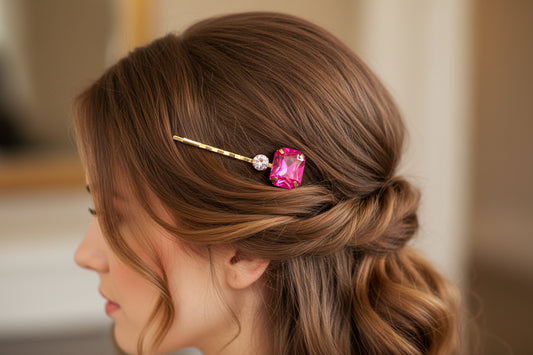 Raspberry Rectangular & White Round Rhinestone Clip