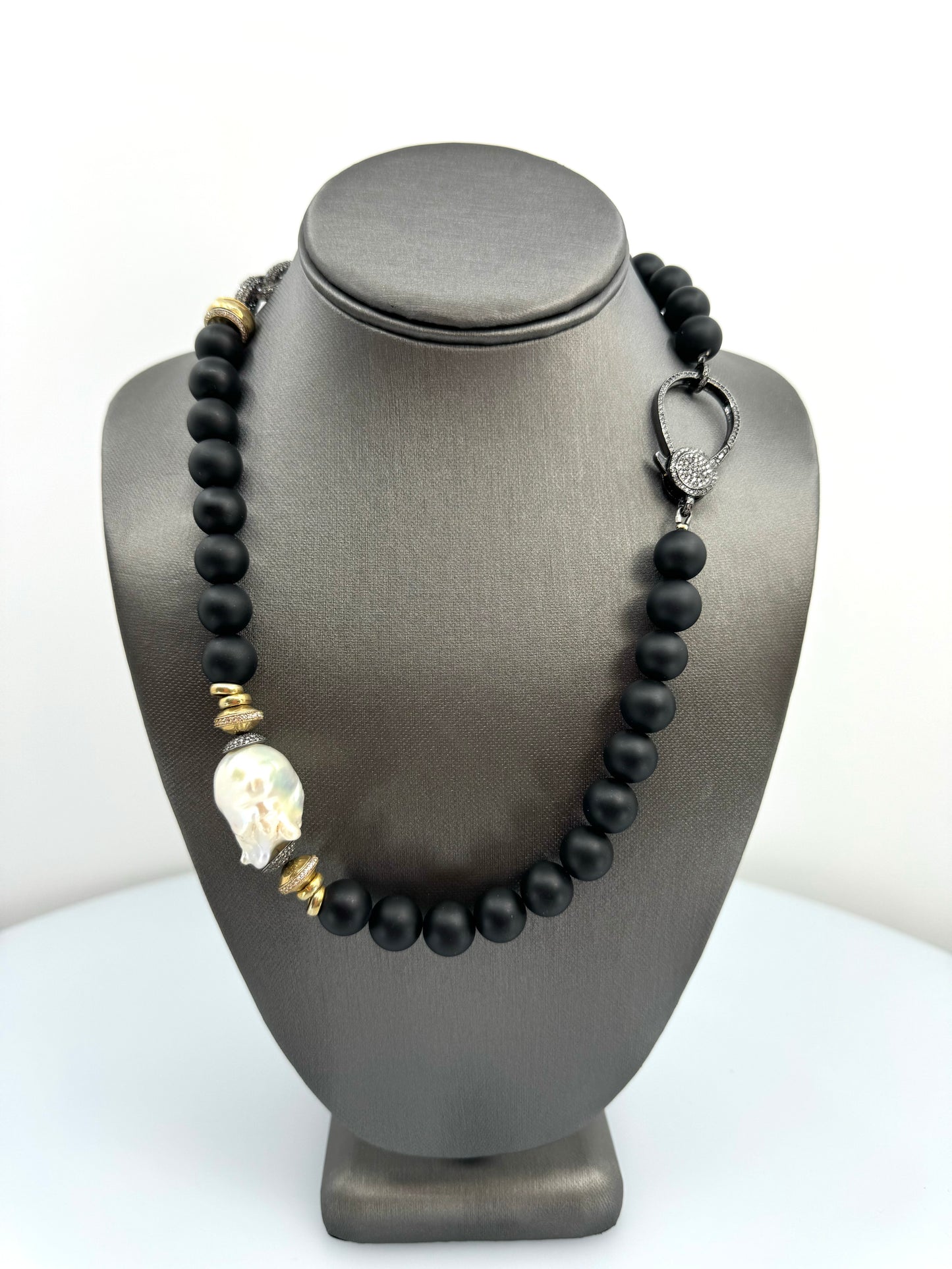 Onyx, Baroque Pearl & Oxidized Silver Necklace