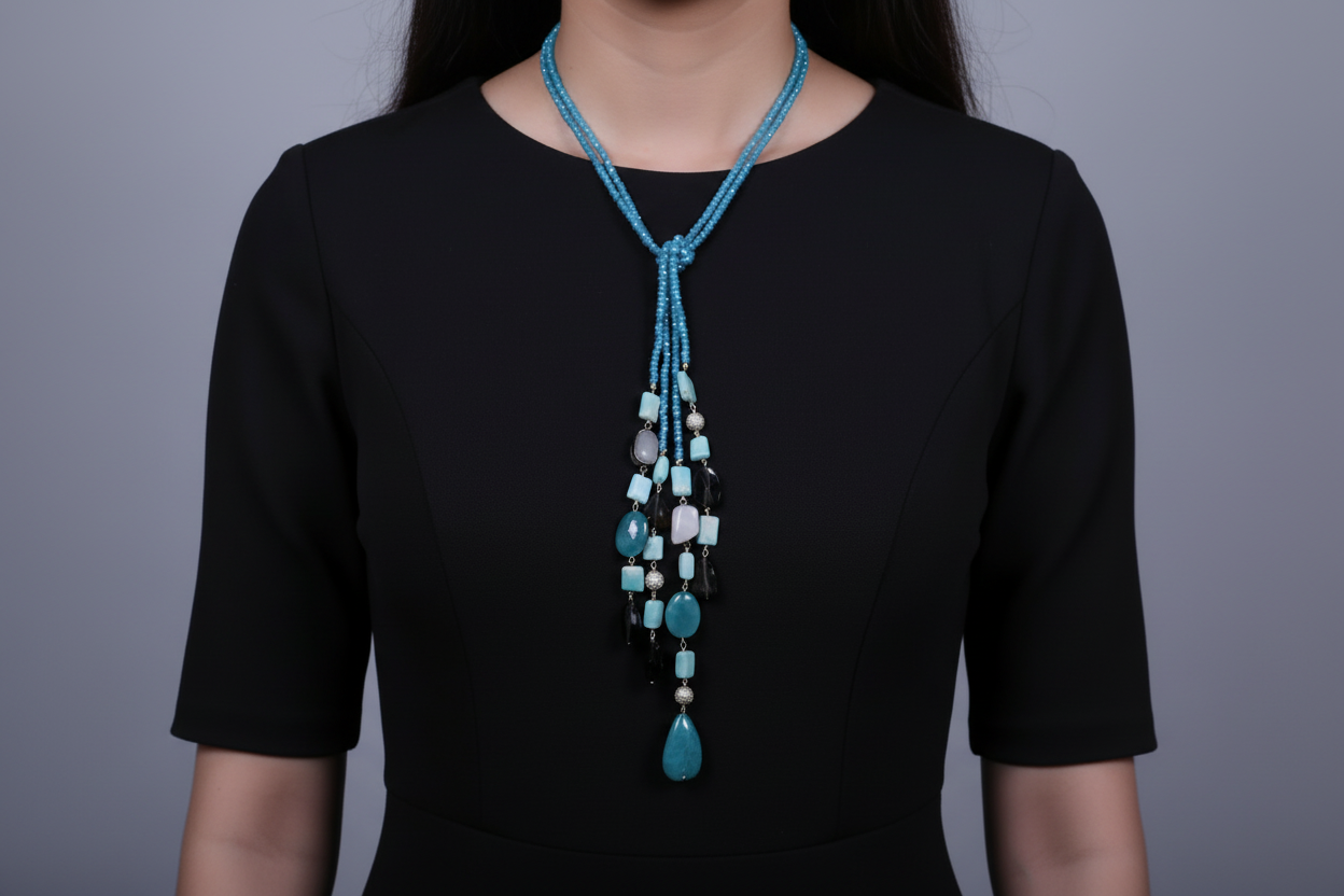 Blue ChalcedonyDouble Line Lariat with Black Onyx, Smokey Topaz, Citrine, Green Jade, Pearl & Cubic Zirconium Ball
