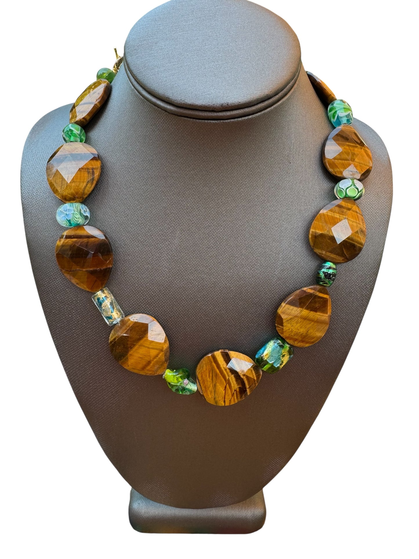 Large Tigger Eye Flat Bead & Antique Green Glass Necklace